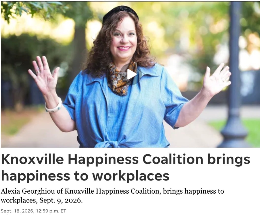 Alexia Georghiou being interviewed by Knox News Sentinel, discussing happiness, leadership, and the future of work.